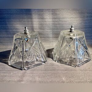 2 Vintage Lamp Shade Cut Glass Hexagon Hardware & Finial Included